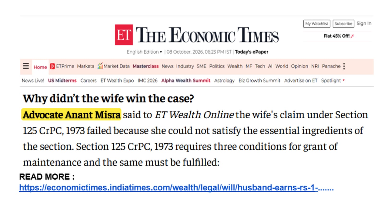 Advocate Anant Misra quoted as legal expert in Economic Times ET Wealth article on wife maintenance, 8 October 2026